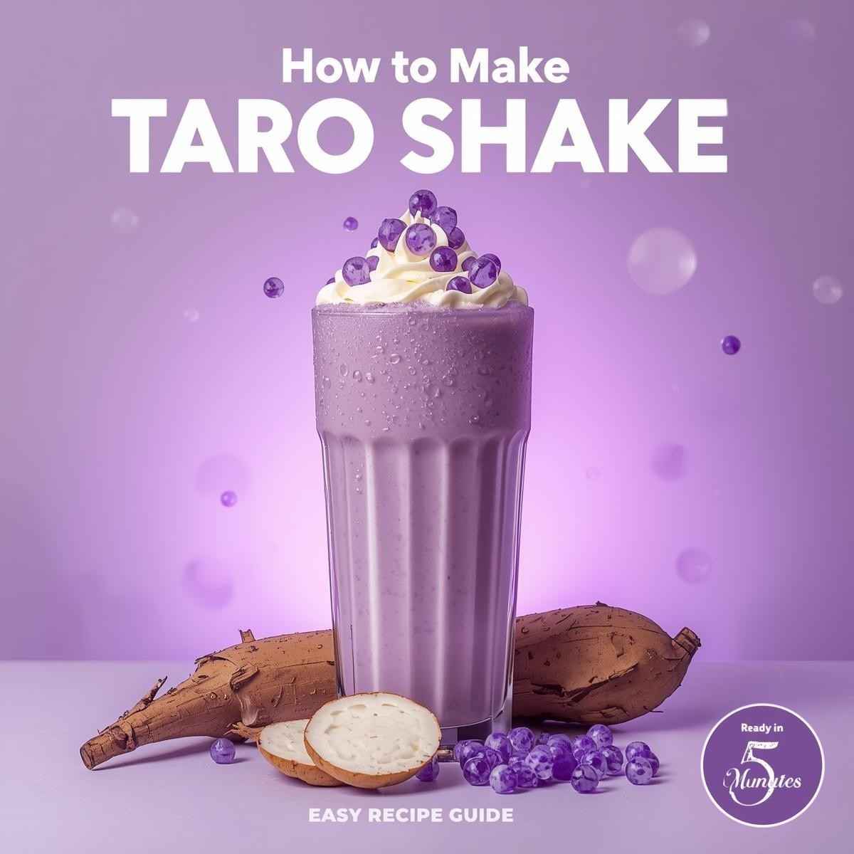 Step-by-step taro shake recipe result showing smooth purple drink with boba pearls in clear glass with ice cubes